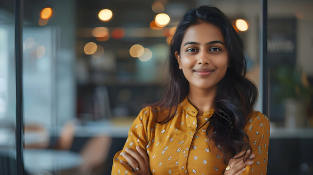 Positive beautiful young indian business woman posing in office with hands folded, looking at camera with toothy smile. Happy female entrepreneur, professional, worker girl head shot portrait