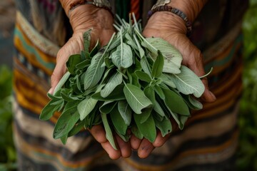 Gather sage by holding salvia in hands - obrazy, fototapety, plakaty