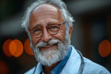 A senior man with a warm smile and a well-groomed beard, wearing glasses and a stylish outfit, exudes wisdom and confidence as he poses outdoors, his wrinkled forehead and chin adding character to hi - obrazy, fototapety, plakaty