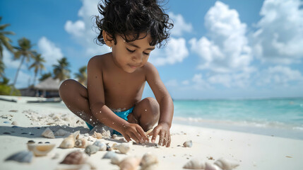 cute little indian boy in swimsuit playing at the beach and searching for clams and stones - Powered by Adobe