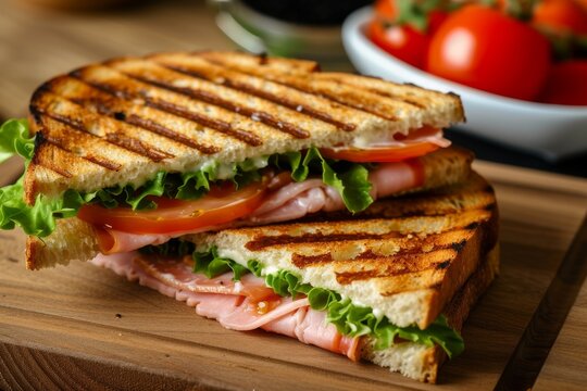 Grilled sandwich with ham cheese tomato and lettuce on a wooden board