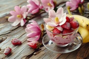 Stewed magnolia dessert in a glass cup with strawberry and banana on a wooden background