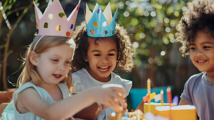 Happy and excited multiethnical children enjoying a outdoor kids birthday party opening presents and wearing crowns and party hats. Summer in the garden.