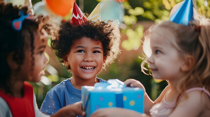 three children celebrating outdoor kids birthday party with party hats. Opening presents at a kids mulitethnical birthday party. Childhood memories.  - Powered by Adobe