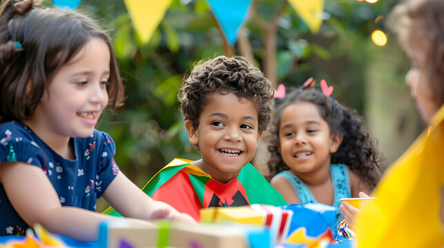 a group of mulitethnical children celebrating a outdoor superhero birthday party in the garden. Kids wearing capes and opening presents at a themed party