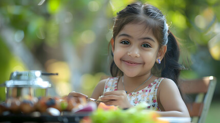 Portrait of a beautiful idian girl sitting at the table at a outdoors summer barbecue party with food and drinks. happy family having a picnic toghether with friends.