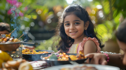 Portrait of a beautiful idian girl sitting at the table at a outdoors summer barbecue party with food and drinks. happy family having a picnic toghether with friends.