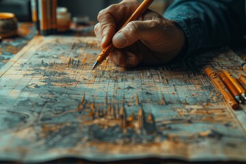 A skilled artist carefully plans their next masterpiece, pen poised over a map, tools at hand including scissors for precision, creating a stunning indoor display of creativity and ingenuity