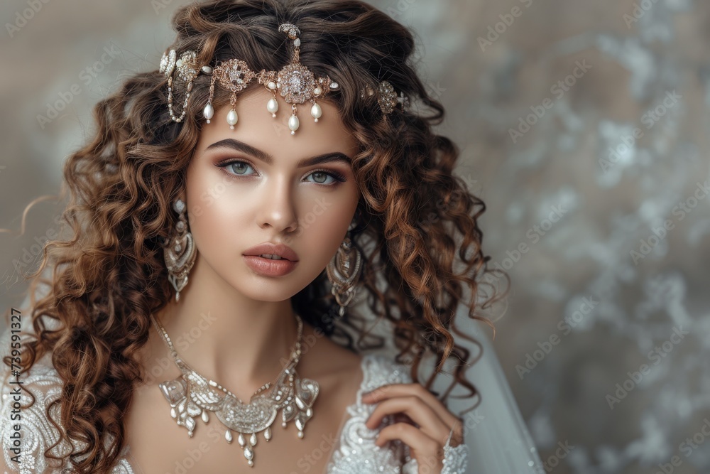 Wall mural stunning arab woman in a white dress with long curly brown hair and wearing fashion model jewelry st - Wall murals