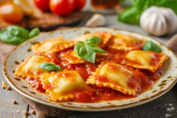 Nourishing Italian dish featuring ravioli tomato sauce and basil - obrazy, fototapety, plakaty