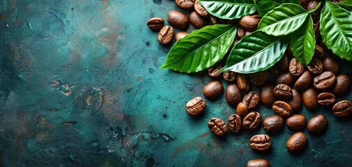 Coffee beans and coffee green leaves on a vintage concrete background. Top view