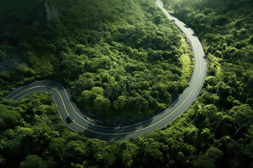 aerial drone shot of road winding through a lush tropical forest