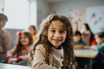 a young girl sitting at a table and looking around at the other students in the classroom