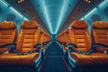Vibrant orange seats fill the sleek interior of the airplane, resembling a futuristic train as passengers settle in for their journey through the clouds
