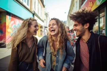 laughing group of friends together in a square - obrazy, fototapety, plakaty