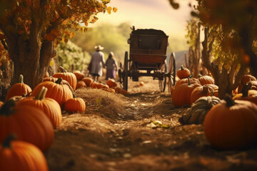 Family outing to the pumpkin patch - obrazy, fototapety, plakaty