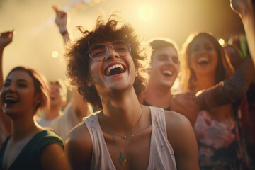 Young adults dancing at a music festival.