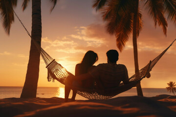 Couple watching the sunset from a hammock on the beach.