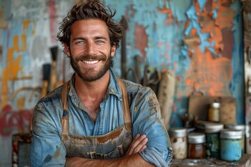A cheerful man proudly displays his culinary skills as he stands in front of a rustic wall, his beard and apron a testament to his passion for cooking - obrazy, fototapety, plakaty