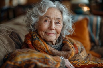 A radiant smile lights up the wrinkled face of a wise and elegant senior lady, her white hair cascading gently over a scarf as she poses for a beautiful indoor portrait