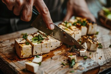 Preparing vegan Asian cuisine by cutting organic tofu on a wooden board with a knife using plant based ingredients