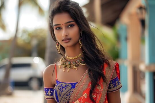 Picture of stunning Indian girl wearing traditional Indian clothing and kundan jewelry