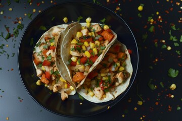 Grilled chicken tacos with corn sweet potatoes red pepper parsley served on black plate flat lay free space