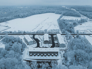AERIAL DRONE OF MONROE TOWNSHIP COVERED WITH SNOW 