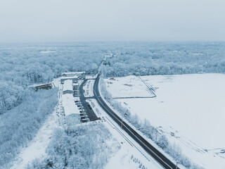 Fototapeta na wymiar AERIAL DRONE OF MONROE TOWNSHIP COVERED WITH SNOW 