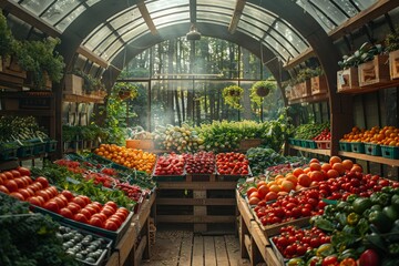 A colorful array of farm-fresh vegetables and fruits stand tall at a local greengrocer, enticing customers with the promise of nourishment, health, and sustainability