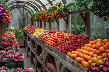 Vibrant fruits and vegetables, locally grown in a lush greenhouse, beckon to health-conscious shoppers seeking fresh, wholesome options at the greengrocer's market - obrazy, fototapety, plakaty