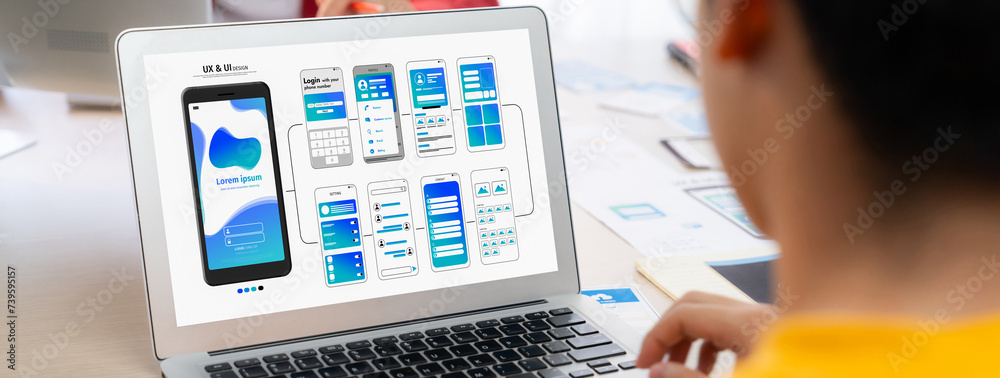 Poster panorama banner of startup ux developer or company employee design user interface or ui prototype fo