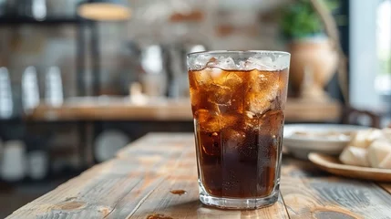 Fototapeten Ice coffee with cream in a tall glass and coffee beans, portafilter, tamper and milk jug © Vasiliy