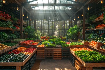 A bustling indoor market filled with vibrant displays of fresh fruits and vegetables, standing tall in a large room with a high ceiling and surrounded by lush houseplants, creating a natural oasis fo
