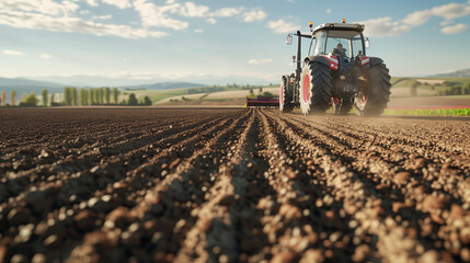 Fototapeta premium A hyper-realistic depiction of a tractor plowing a field, captured from a top-down perspective with a clear view of the horizon
