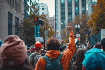 Capturing the collective voice and passion of a diverse crowd protesting for their rights Emphasizing unity and the power of communal action.