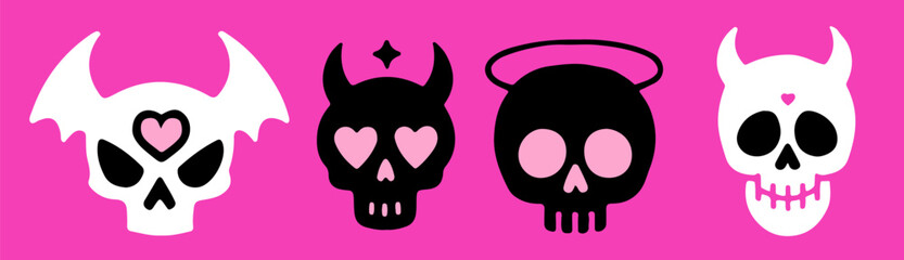 A set of cartoon skulls in various designs on a pink background. Vector illustrations for flash tattoos and stickers.