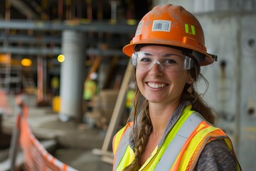 Construction worker woman on site Showcasing strength and diversity in the industry Wearing safety gear and confident smile