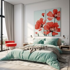 A contemporary bedroom interior design highlighted by elegant floral artwork above a peaceful bed setting.