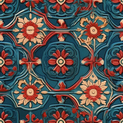 Close-up of an ornate vintage tile with an intricate pattern design featuring floral and geometric motifs.