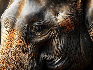 Close-up of an elephant, highlighted with orange textures, creates a striking piece of wildlife...