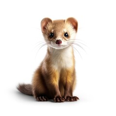 A curious weasel stands attentively on a clean white background, looking directly at the viewer.