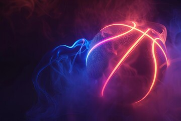Glowing neon basketball on a dark smoky background Dynamic and futuristic sports concept Energy and motion