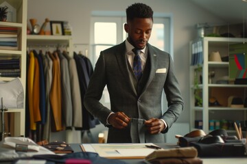 Stylish African American businessman in luxury atelier wearing tailored suit for wedding or business Fashion handcraft couturier concept - obrazy, fototapety, plakaty