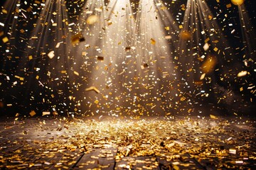 Golden confetti rain on a festive stage Creating a glamorous setting for award ceremonies New year's celebrations Or product presentations