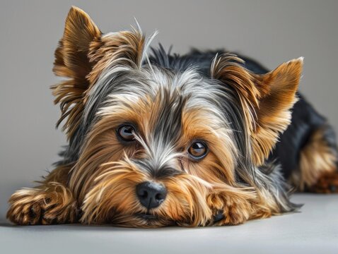 A close-up portrait of a Yorkshire Terrier lying down with a soulful expression