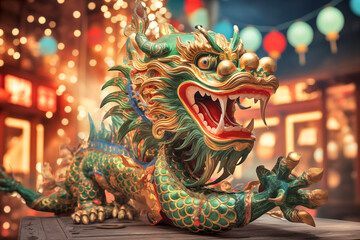 Vibrant Dragon Sculpture Amidst Lanterns