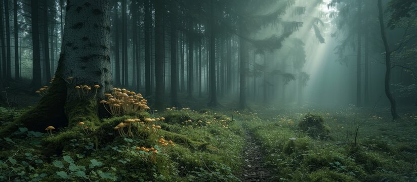 Enchanting forest scene with abundant mushrooms covering the forest floor