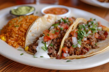 Tex Mex or Mexican restaurant favorite Tacos with crispy tortillas filled with sausage bacon beef cheese sour cream salsa guacamole and a side of rice and bean