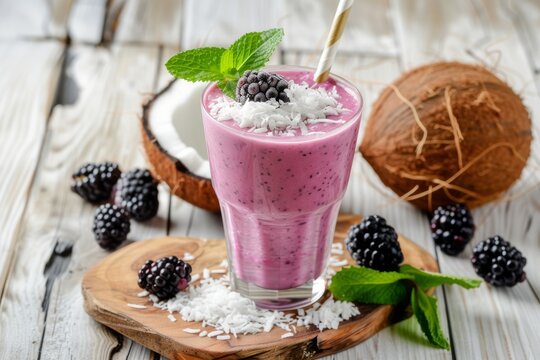 Smoothie with blackberry coconut mint shredded coconut bamboo straw blackberries coconut white wooden planks